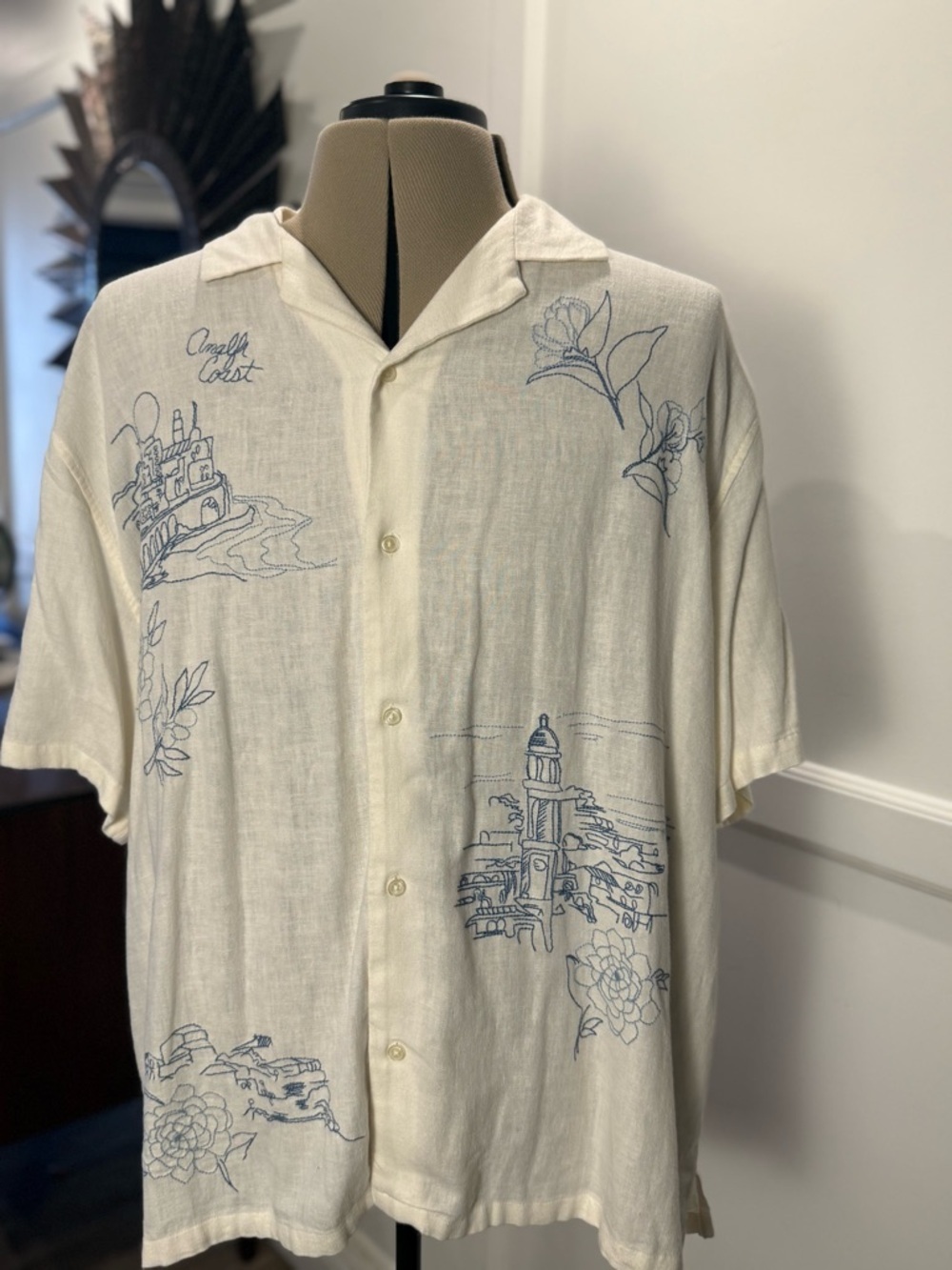 Abercrombie & Fitch White Linen Blend Shirt with Amalfi Coast Embroidery